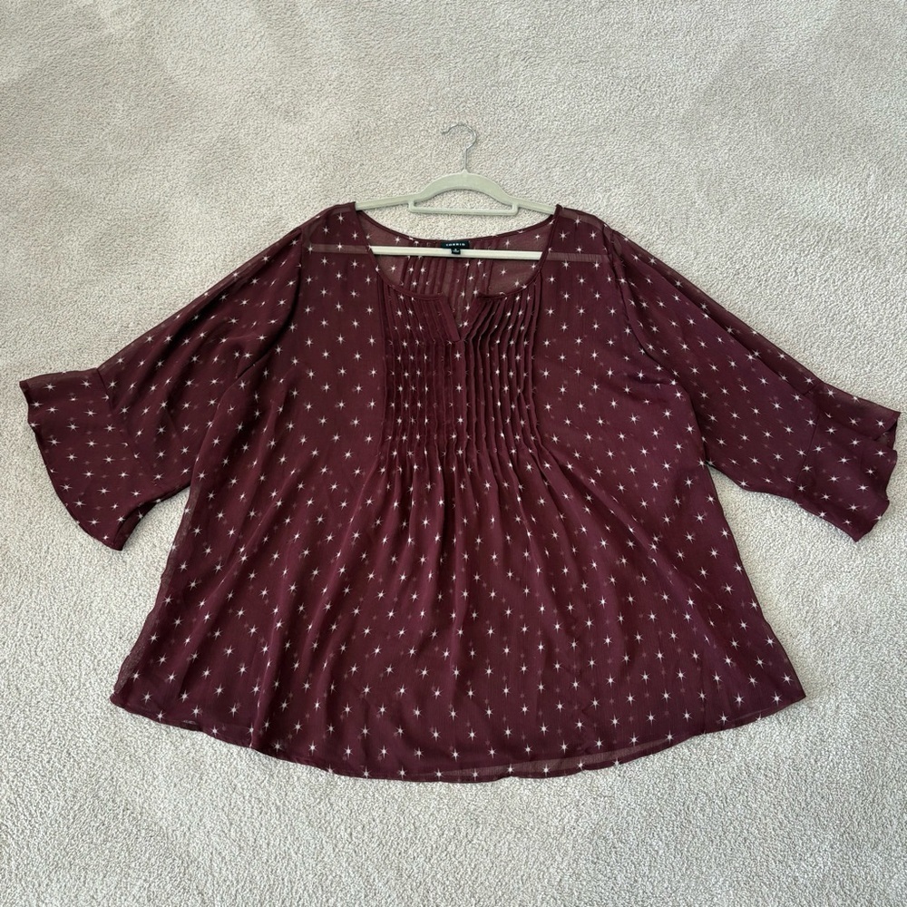 Torrid Pintuck Chiffon Burgundy Dot Star Peasant Sheer Blouse Women Plus Size 4 - Picture 11 of 17